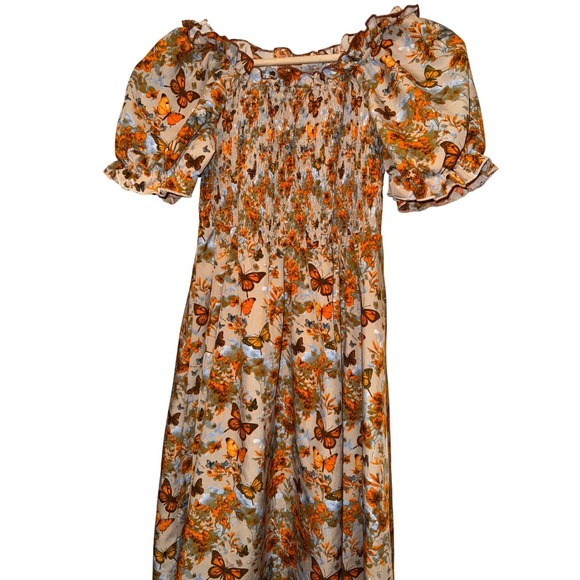 Curve‎ Butterfly Floral Smocked Off Shoulder Puff Sleeve Midi Dress 0XL - Picture 2 of 4